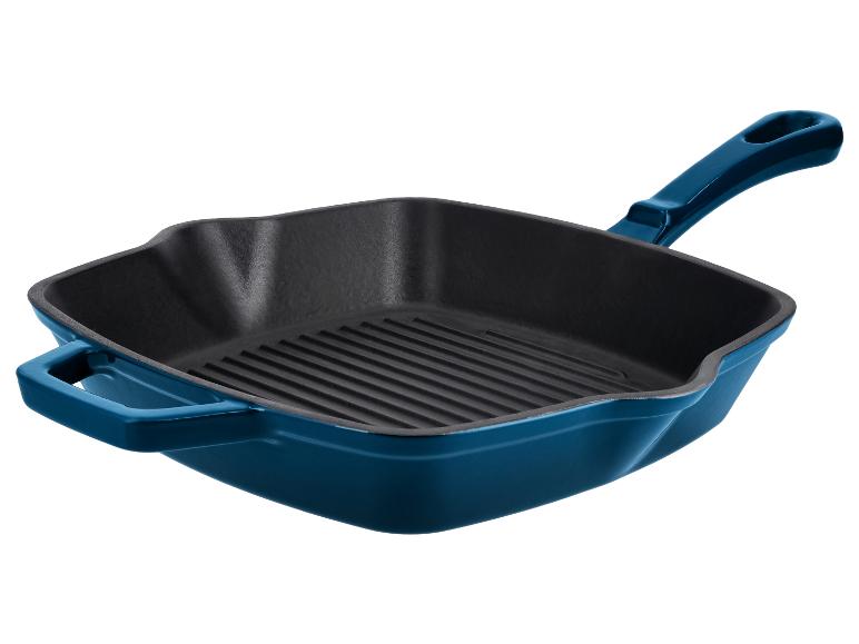 Poêle à griller carrée en fonte bleue avec poignées.