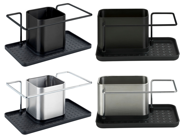 Quatre supports pour ustensiles de cuisine en noir et argent avec égouttoir.