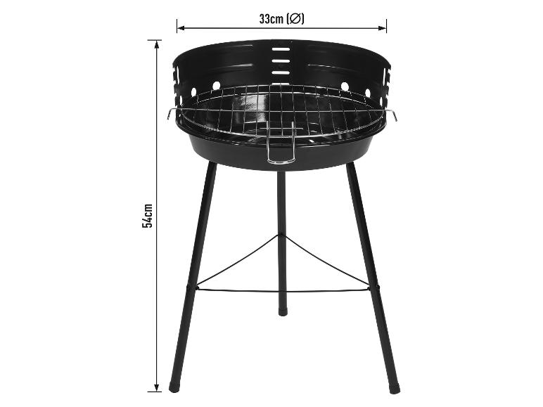 Barbecue au charbon noir d'un diamètre de 33 cm et d'une hauteur de 54 cm.