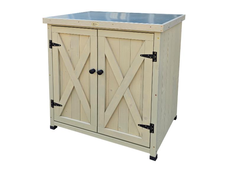 Armoire en bois à deux portes avec toit noir, idéale pour le rangement extérieur