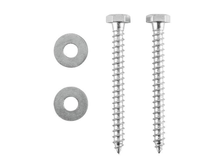 Deux vis à bois à tête hexagonale et deux rondelles métalliques.