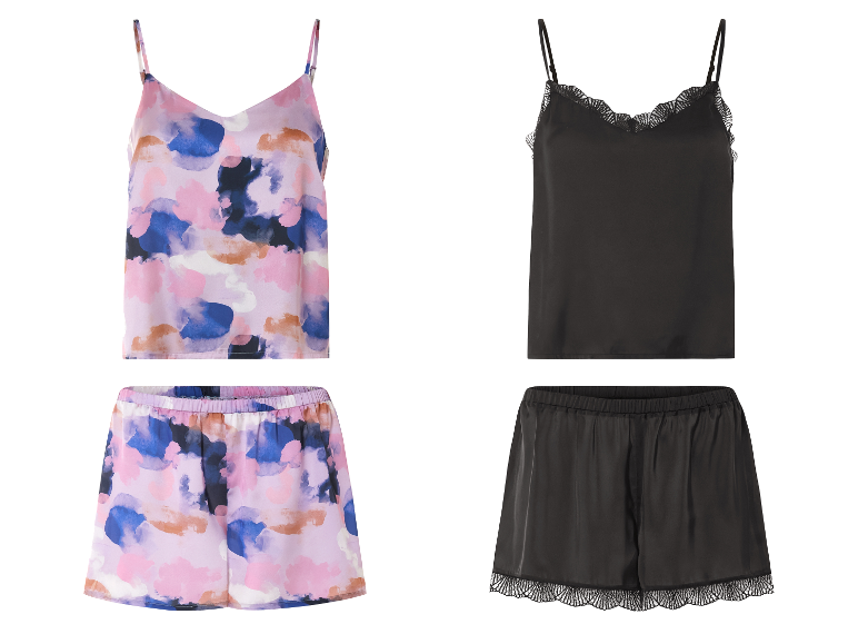 Pyjamas femme : tops et shorts en soie à imprimés abstraits et ensembles soie noire à dentelle.
