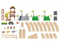Chemin de fer en bois avec thème jungle, comprenant une jeep, des palmiers, des animaux et des figurines.