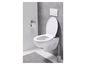 Des toilettes avec le couvercle ouvert, un porte-papier toilette et une brosse de toilette.