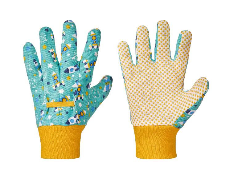Gants de jardinage pour enfants avec motif de fusées et revêtement antidérapant.
