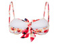 Un bikini blanc avec un imprimé floral rouge et des nœuds.