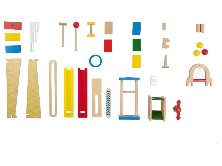Ensemble de construction en bois avec pièces colorées et accessoires pour circuit de billes.