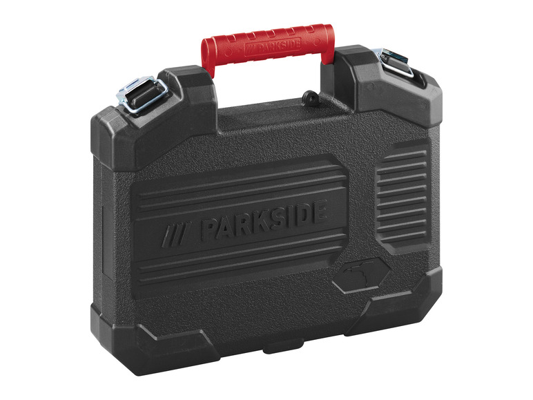 Une boîte à outils noire Parkside avec une poignée rouge.