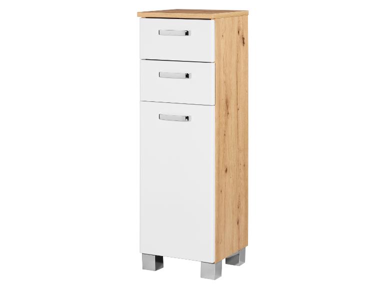 Meuble haut blanc et bois clair avec tiroirs et portes.