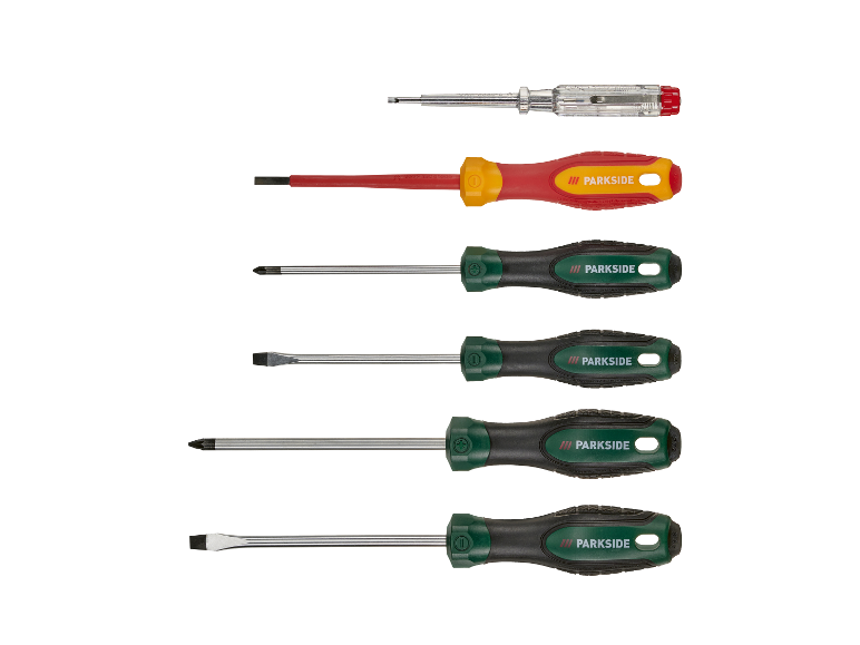 Ensemble de tournevis Parkside : six tournevis de tailles et de pointes différentes.