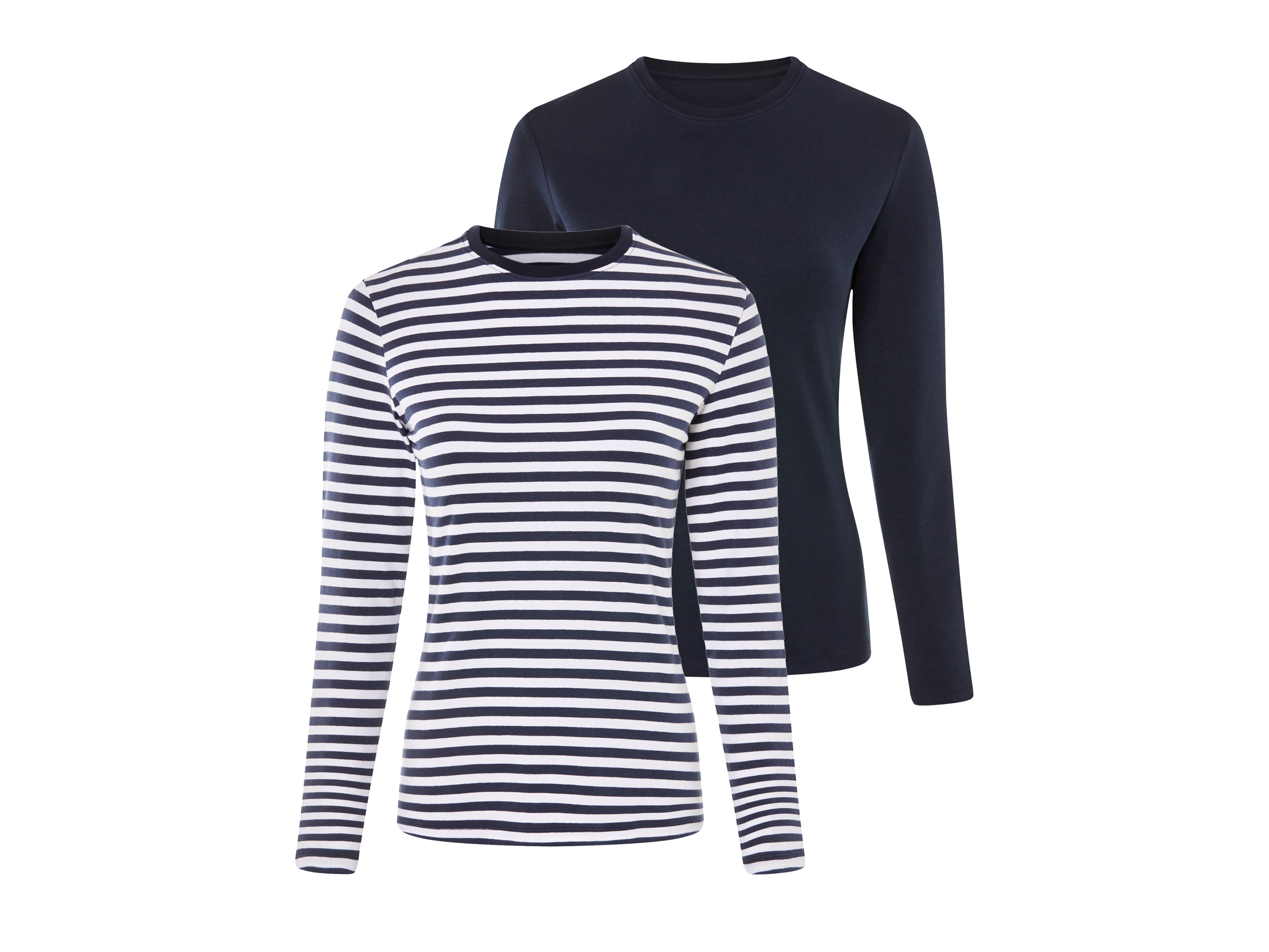 esmara® Lot de 2 t-shirts à manches longues femme (marine/navy blanc rayé, S(34/36))