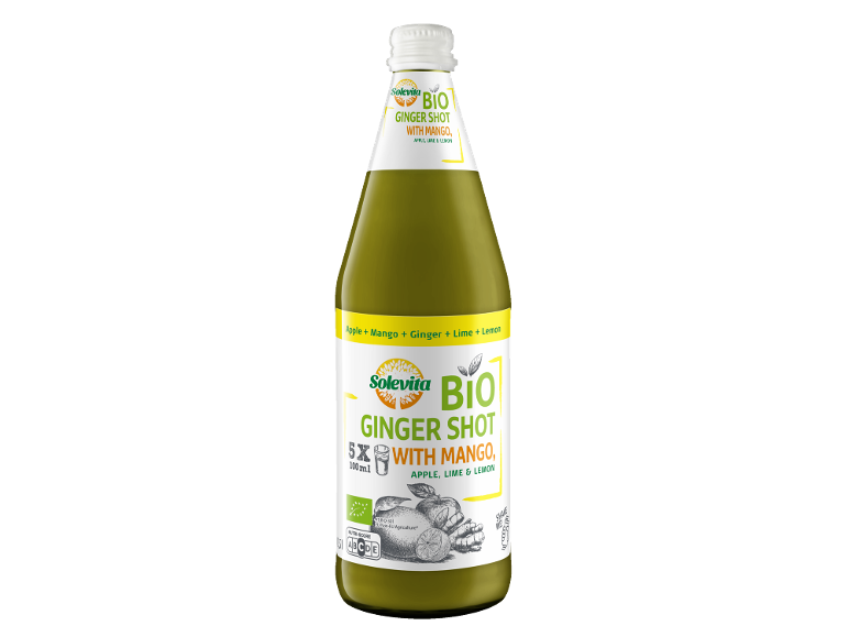 Bouteille de shot de gingembre bio à la mangue, pomme, citron vert et citron.