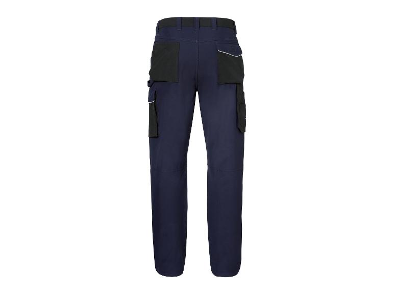 Pantalon de travail bleu avec poches noires et détails réfléchissants.