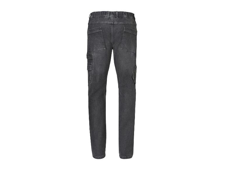 Jean cargo noir homme avec taille élastique, poches arrière et latérales.