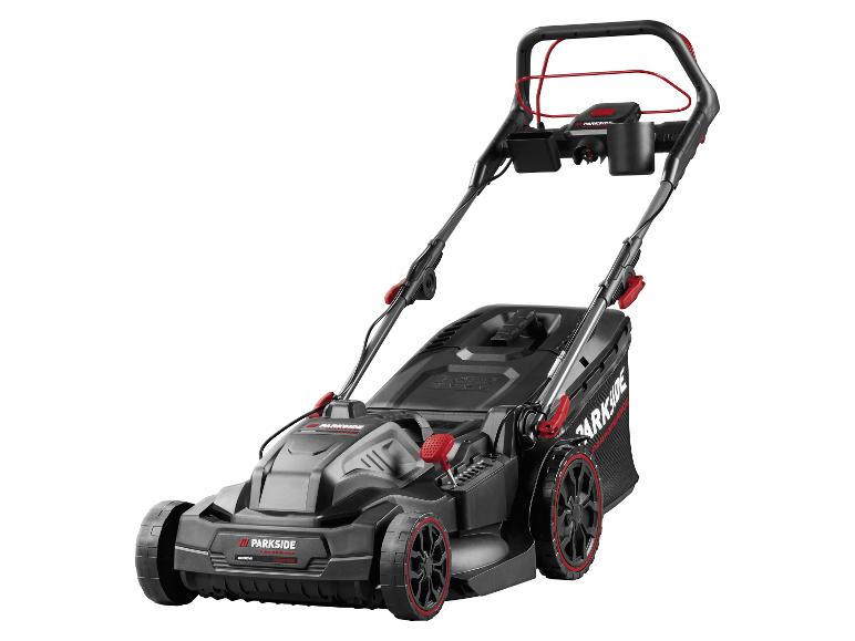 Tondeuse à gazon électrique noire et rouge avec bac de ramassage