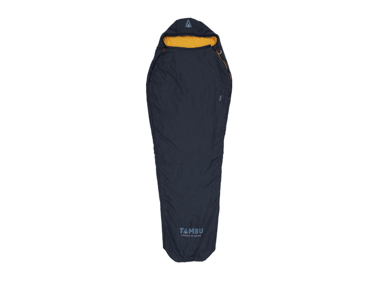 Un sac de couchage bleu foncé de Tambu pour le camping.