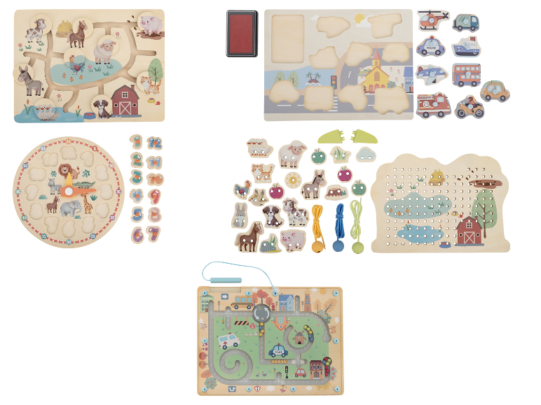 Un assortiment de jouets en bois pour enfants, comprenant des labyrinthes, des puzzles et des jeux de laçage.