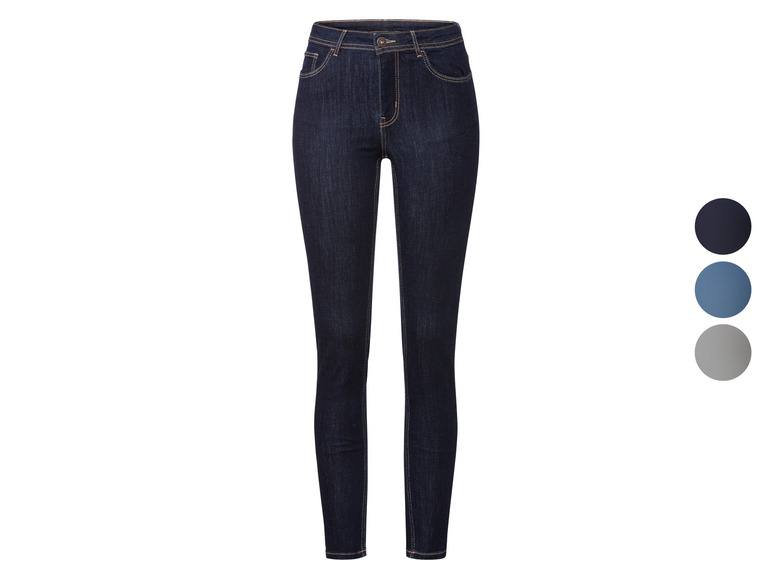 Jeans skinny bleu foncé pour femmes avec différentes options de couleurs.
