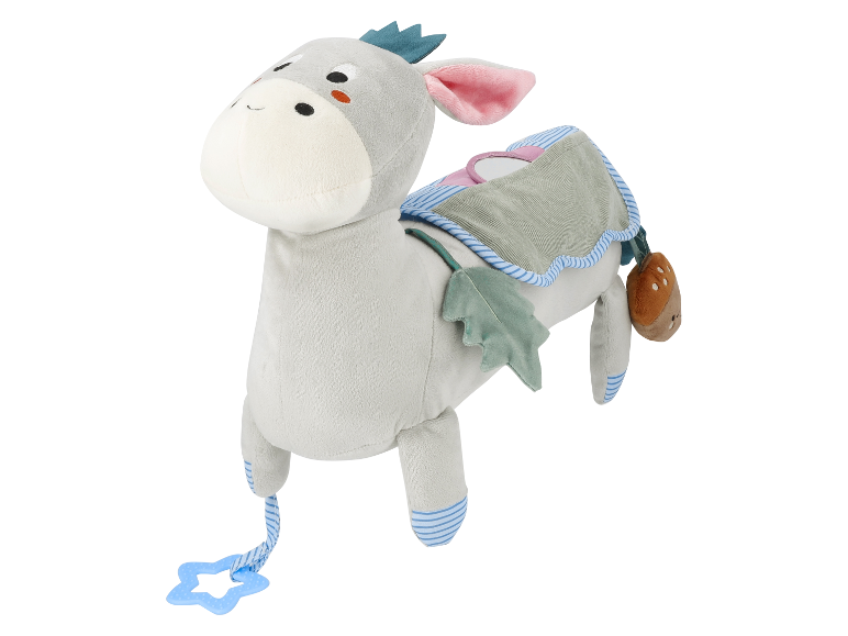 Adorable âne en peluche gris avec différents éléments pour bébés.