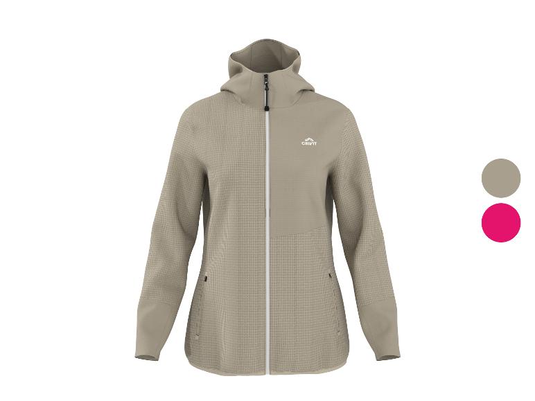 Sweat à capuche zippé beige texturé gaufré, avec deux échantillons de couleur.