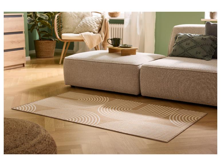 Salon avec canapé beige, tapis à motifs et meubles en bois.