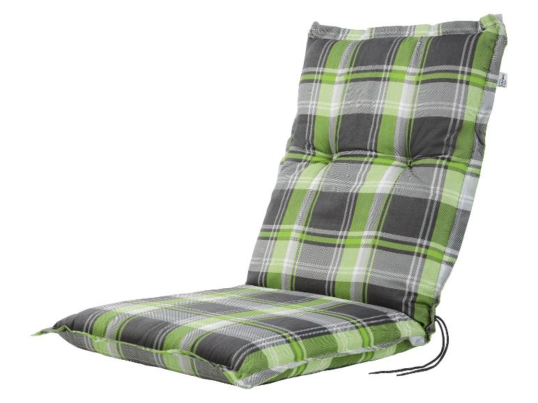 Un coussin de chaise de jardin Livarno Living à carreaux vert et gris.