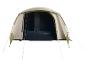 Tente de camping beige et verte, ouverte.