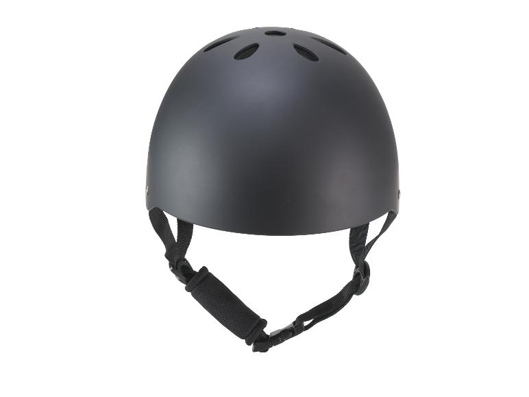 Casque de vélo noir avec aérations et sangles réglables.