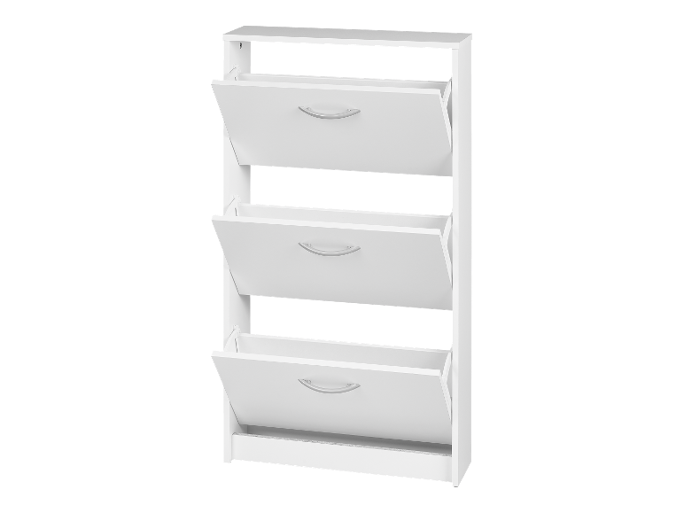 Meuble à chaussures blanc à trois niveaux avec portes rabattables.
