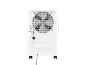 Vue arrière d'un déshumidificateur blanc avec ventilateur, tuyau de vidange et cordon d'alimentation