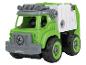 Camion poubelle jouet vert et blanc avec de grandes roues et des détails de construction.