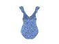 Maillot de bain une pièce bleu fleuri avec volants sur les bretelles, vue de dos.