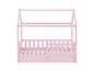 Un lit enfant en bois rose avec des tiroirs.