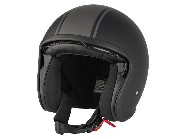 Casque de moto jet noir avec deux bandes grises sur le dessus