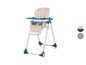 Une chaise haute Babycomfort bleue avec des roulettes.