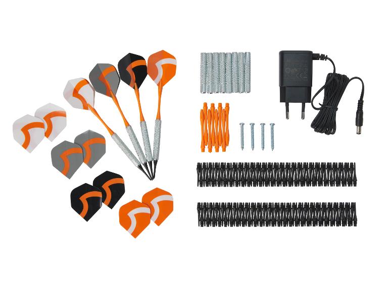 Ensemble de fléchettes avec ailettes, tiges, pointes, vis et adaptateur secteur.