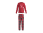 Pyjama rouge à manches longues avec pantalon à carreaux, avec le texte 'Let's have breakfast'.