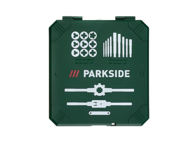 Une boîte à outils verte avec des jeux de tarauds et filières Parkside.