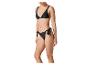 Femme en bikini noir avec haut triangle et bas à nouer sur les côtés.