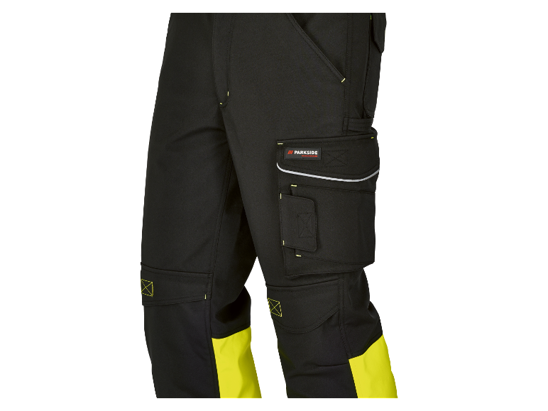 Pantalon de travail Parkside Performance noir avec détails jaunes.