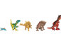 Une rangée de cinq jouets dinosaures, dont un ptérodactyle, un vélociraptor, un stégosaure, un tricératops et un T-Rex.