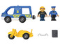 Une voiture de police bleue, une moto jaune, deux policiers et un coffre-fort.