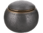 Pot sphérique en céramique gris foncé avec couvercle, finition texturée et mouchetée.