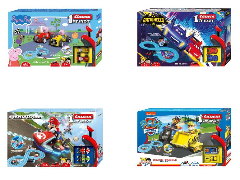 Quatre ensembles de pistes de course Carrera First sur les thèmes Peppa Pig, Batwheels, Mario Kart et Pat' Patrouille.