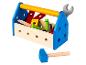 Boîte à outils en bois pour enfants, avec marteau, clé et vis.