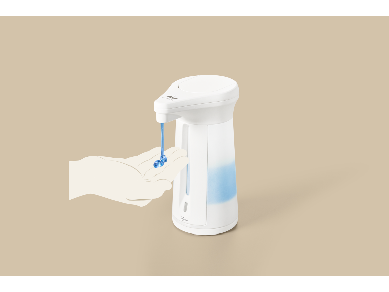 Distributeur de savon automatique blanc avec du savon bleu versé dans une main.