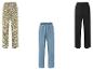 Trois pantalons : un à rayures zébrées, un bleu denim et un noir uni.