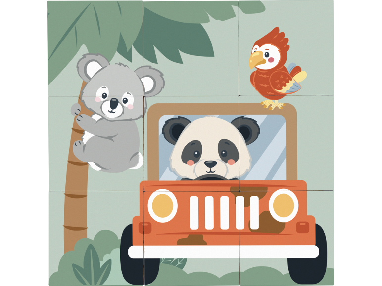 Puzzle de cubes avec un koala, un panda en jeep et un perroquet dans la jungle.