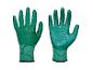 Deux gants de jardinage verts, un côté paume et un côté dos de la main.