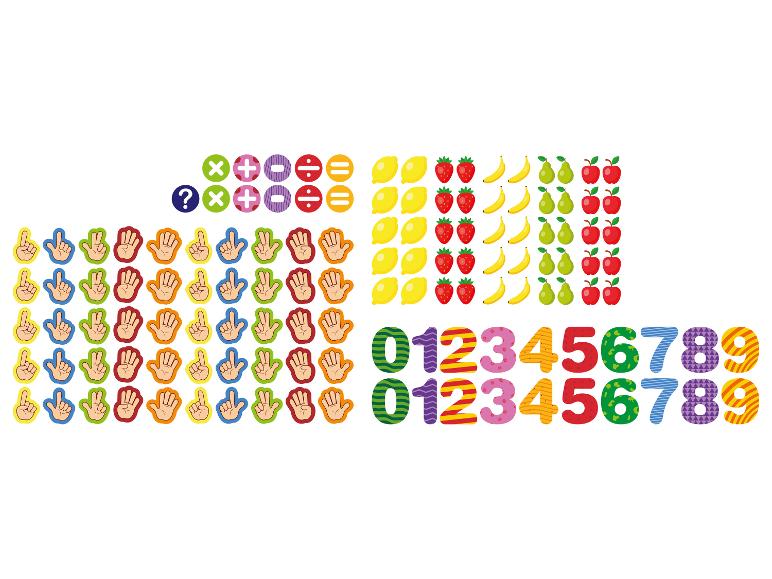 Chiffres, fruits et mains colorées pour apprendre à compter.